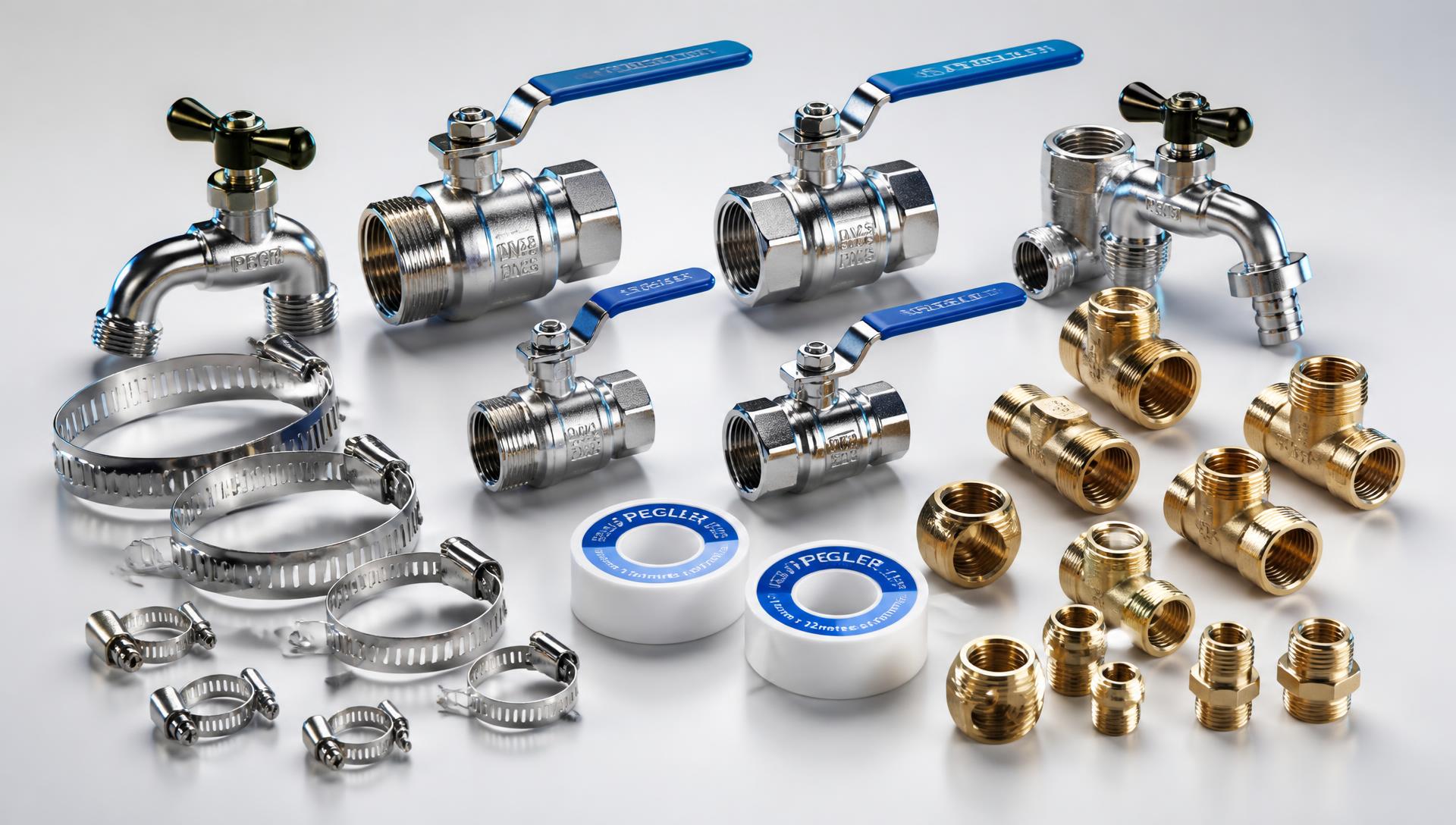 Brass ball valves, stainless steel hose clamps, PTFE teflon tape rolls and pipe fittings